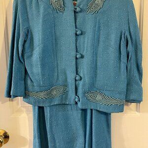 Vintage 50s/60s Kabro of Houston Women Peacock Blue Skirt Suit Unsized (small)